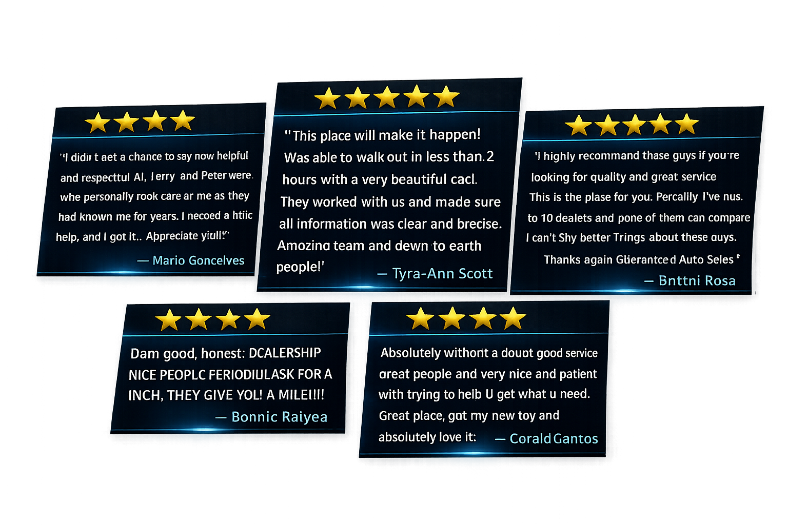 Five-star Google customer review collage highlighting real customer experiences at Guaranteed Auto Sales.